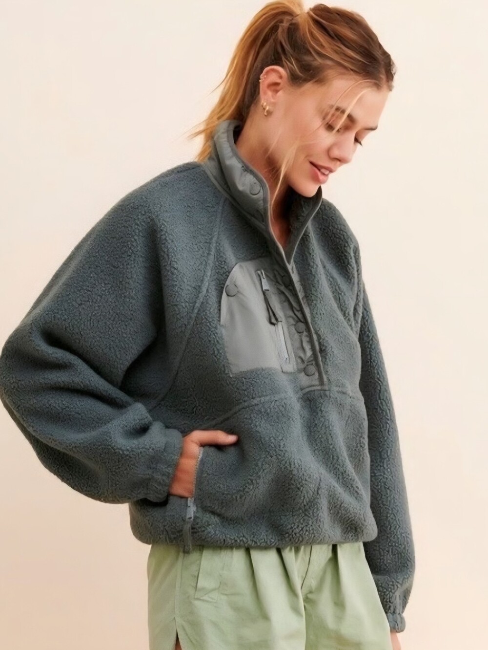 Free People FP Movement Hit The Slopes Fleece Pullover, Slate Blue/Sage